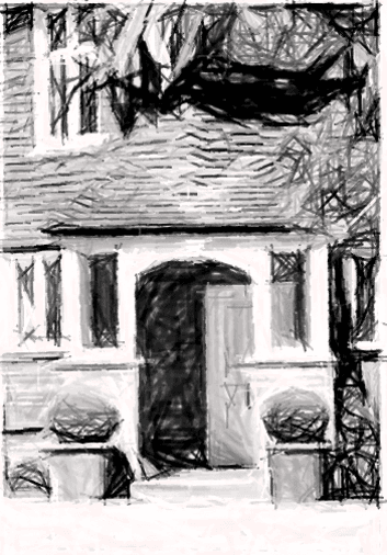 A hand-drawn charcoal sketch of a house entrance with topiary — the Daneswood Concepts brand motif