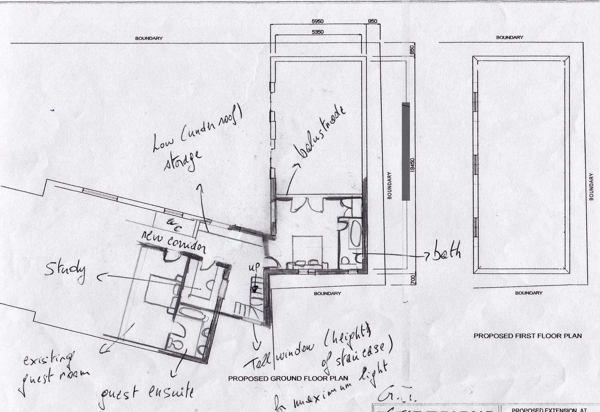 A hand-drawn concept floor plan with annotations