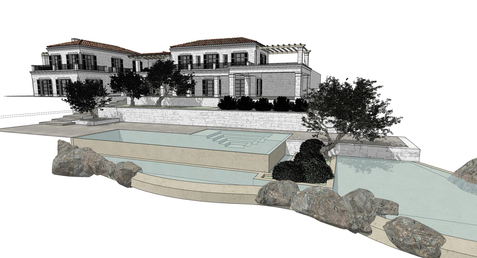 Corfu House — design visualisation of the villa and multi-level pools above the sea