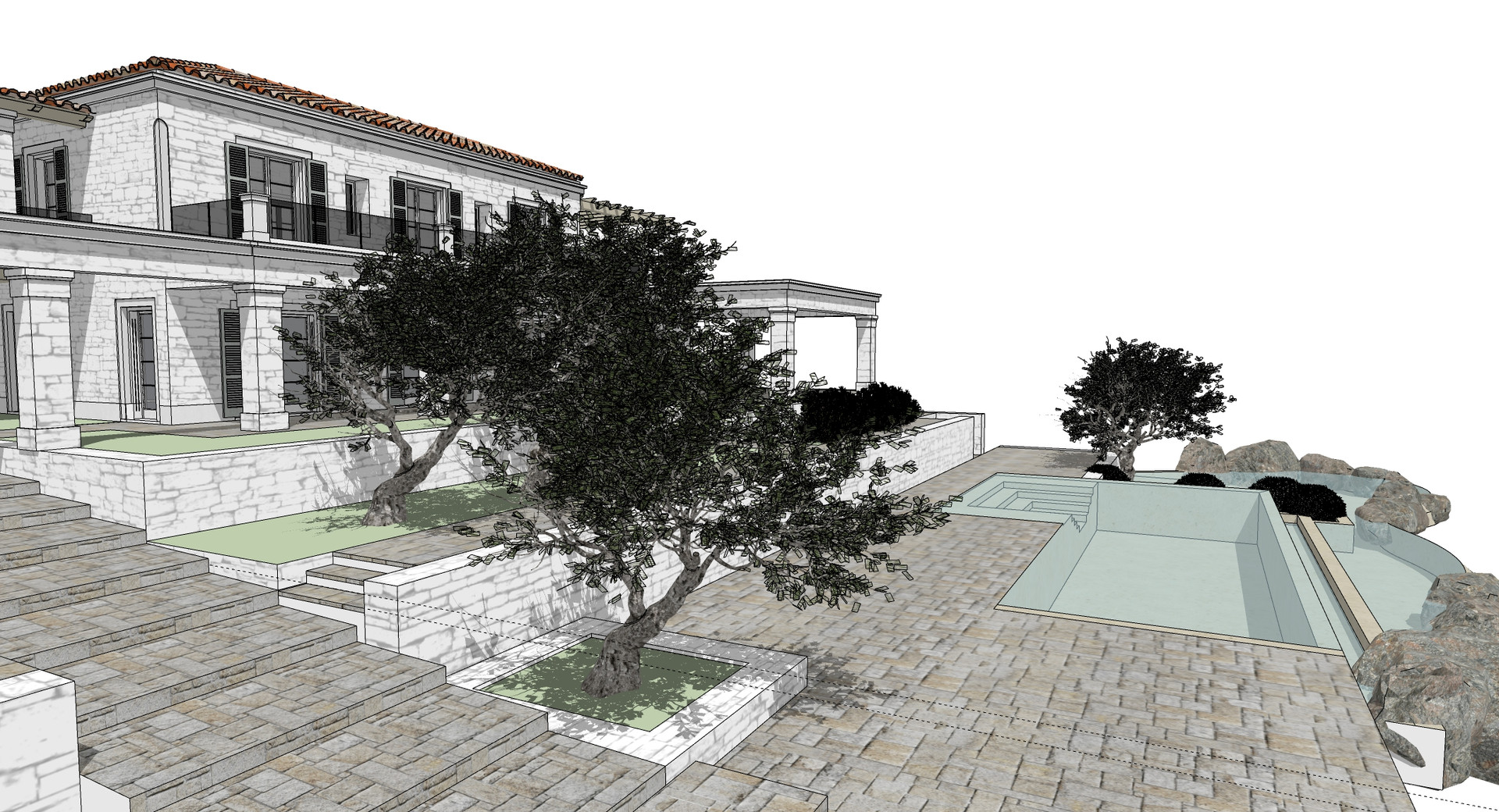 Corfu House — the pool and terraces above the sea